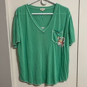 POL Teal V-Neck Men's Tee with Patterned Pocket